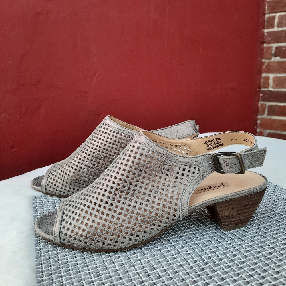 Paul Green Metallic Perforated Leather Slingback Sandal Low Block NEW 8 (5.5)